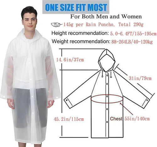 Miniatura 2 de Poncho de lluvia para adulto, paquete de 2 impermeables reutilizables de emergencia con capucha y cordón Blanco+Blanco
