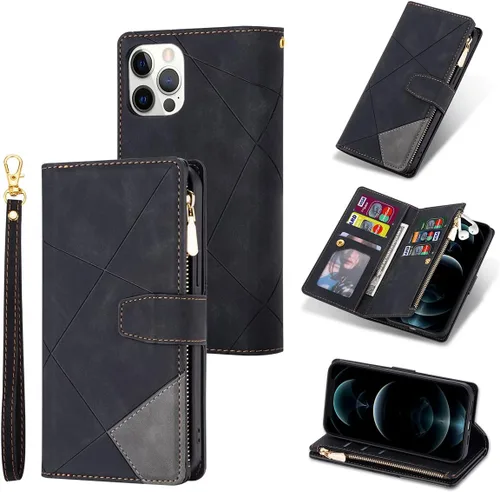 Miniatura 19 de UEEBAI Funda tipo cartera para iPhone 12 Mini de 5.4 pulgadas, retro 9 ranuras para tarjetero, bolsillo con cremallera, cierre magnético, función