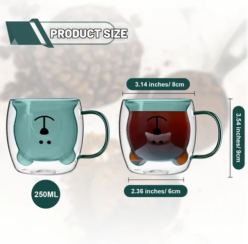 Miniatura 2 de Patelai Linda taza de oso con aislamiento de doble pared de vidrio para té, leche y café con asa, taza de espresso aislada, taza de cerveza de Verde