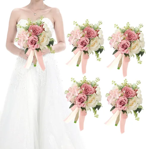 Miniatura 40 de Juego de 4 ramos para dama de honor para boda - Ramos de flores artificiales de 7 pulgadas para decoración de centros de mesa de ceremonia y Azul