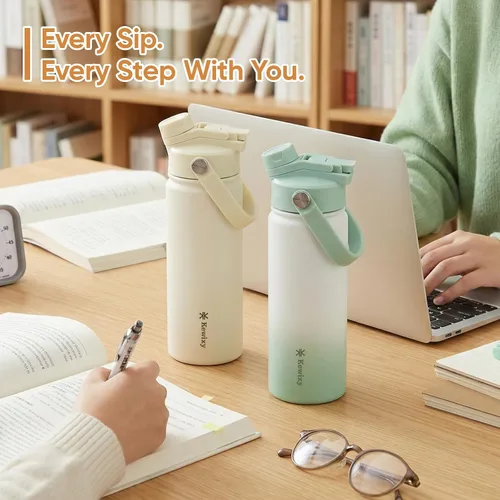 Miniatura 5 de KEWIXY Botella de agua aislada de 18 onzas con pajilla, tapa 2 en 1, popote y boquilla, a prueba de fugas, soporte para vasos, acero inoxidable