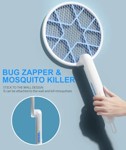 Miniatura 9 de MOSQZAP Matamoscas eléctrico, raqueta plegable para exterminador de insectos, matamoscas electrónico de 3,500 voltios con atractor de luz púrpura
