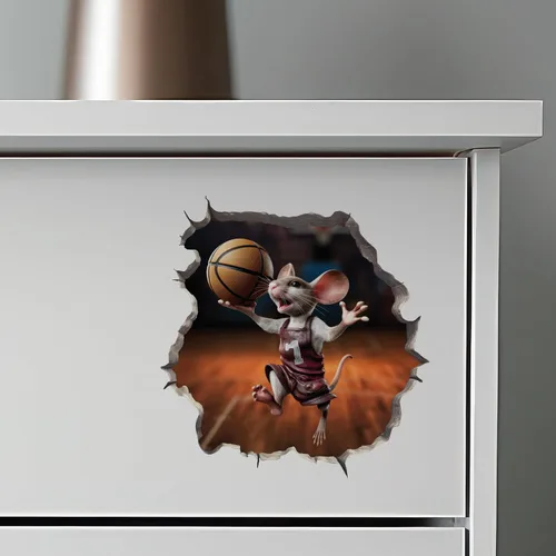 Miniatura 6 de My Wonderful Walls Adhesivo de pared 3D de ratón de baloncesto con agujero de ratón, calcomanía de vinilo naranja y blanco para paredes, ventanas