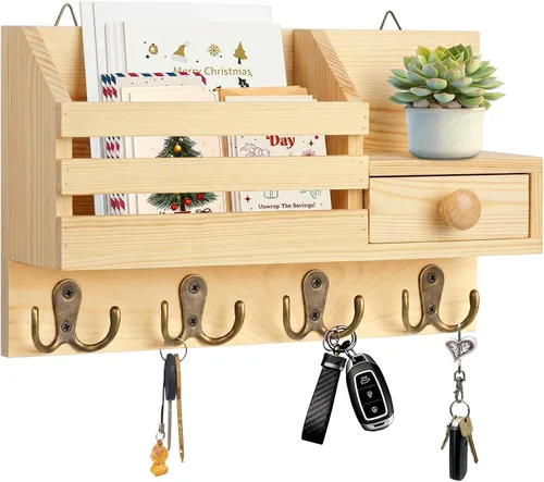 Miniatura 10 de Soporte para llaves de pared, organizador de correo adhesivo de madera y llaves con cajón, estante pequeño, 8 ganchos, 2 métodos de instalación
