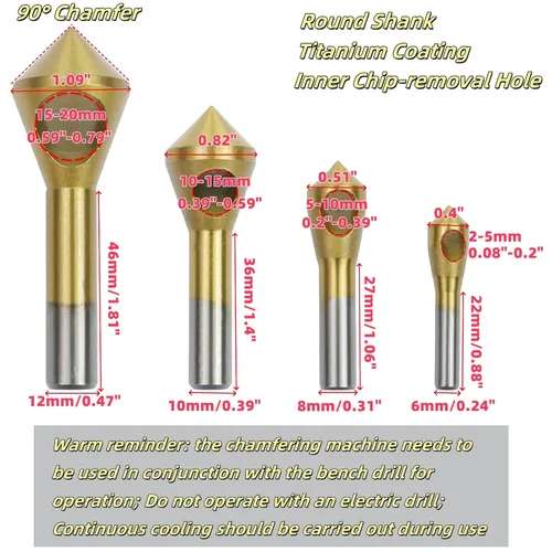 Miniatura 2 de Juego de 4 brocas avellanadoras con revestimiento de titanio de 90 grados, avellanador HSS y herramienta de desbarbado para ajuste de tornillo