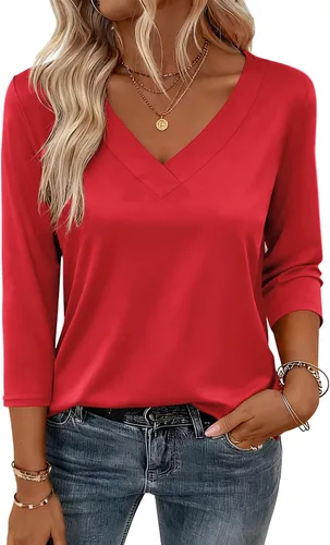 Miniatura 7 de Zeagoo Camisetas de manga 3/4 para mujer, cuello en V, blusa casual elegante, camisetas básicas 2026, ropa de moda S-2XL