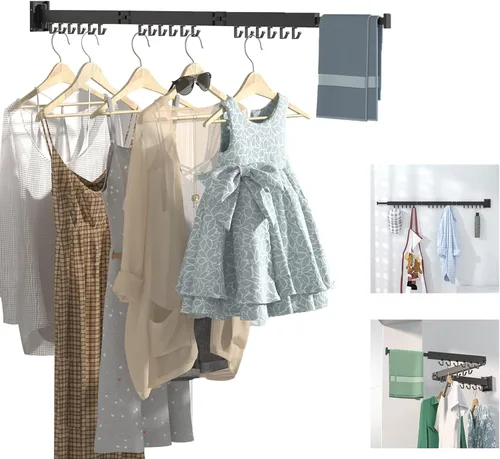 Miniatura 8 de ptlsy Estante de secado de ropa plegable portátil montado en la pared con ganchos, diseño de perchas de ropa que ahorran espacio universal