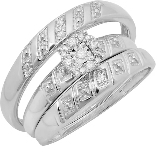 Dazzlingrock Collection Round White Diamond Halo Illusion Wedding Trio Ring Set For Men & Women (0.10 ctw, Color I-J, Clarity I2-I3) in 925 Sterling