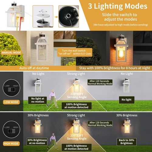 Miniatura 3 de Yisuro Luces de Porche con Tomacorriente GFCI, Sensor de Movimiento de Anochecer a Amanecer para Exteriores, Luminaria Exterior con 3 Modos