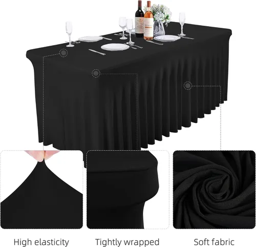 Miniatura 8 de Besutolife - Faldas de mesa de elastano negro para mesas rectangulares de 4 pies, diseño de una pieza, mantel para fiestas de cumpleaños, bodas