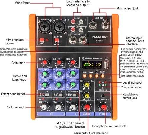 Miniatura 5 de G-MARK Mezclador Analógico de Audio 4 Canales Mezclador de Audio DJ Bluetooth Estudio Karaoke Para PC Rendimiento en Vivo KTV Efectos de Música
