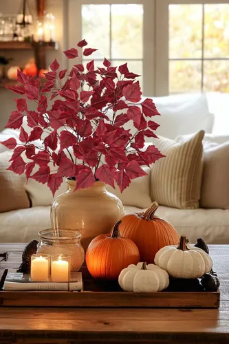 Miniatura 3 de Hollyone 3 hojas de abedul artificiales de otoño con tallos de seda de 33 pulgadas, ramas de hojas de otoño de color burdeos sintético, decoración