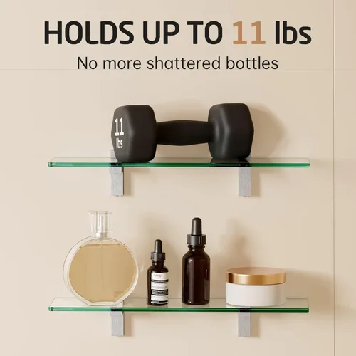 Miniatura 4 de KES Estante de vidrio para baño, estante de pared de baño de vidrio templado flotante rectangular de 16 pulgadas, soporte de níquel cepillado