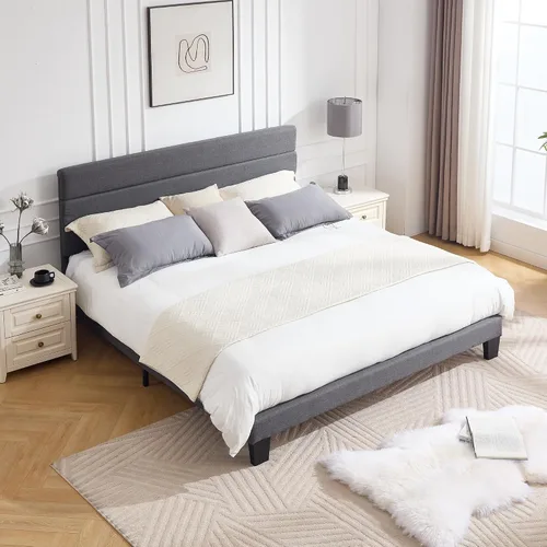 Miniatura 14 de Armazón de Cama de Plataforma Tamaño Full, Armazón de Cama con Cabecera de Tela Suave con Listones de Madera Resistentes – Moderno y Sin Ruido, Base