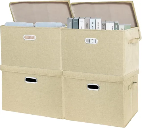 Miniatura 12 de SNWDN Paquete de 3 contenedores plegables de tela con tapas, caja de almacenamiento de tela con tapas para uso doméstico y de oficina