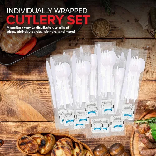 Miniatura 6 de Juego de cubiertos de plástico envueltos individualmente con servilleta + paquetes de sal y pimienta en blanco (250 unidades) bolsas de cubiertos