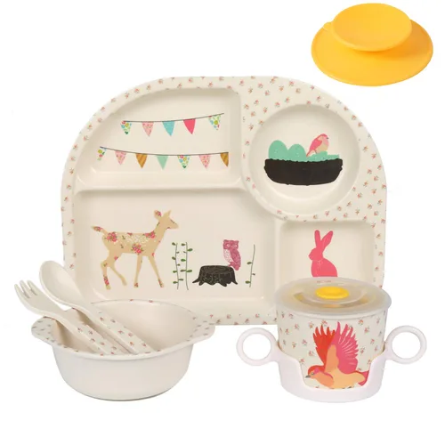 Miniatura 19 de shopwithgreen - Juego de 7 piezas de bambú para niños - Vajilla para niños - Plato, tazón, taza, cuchara, tenedor, vajilla para comida, vajilla
