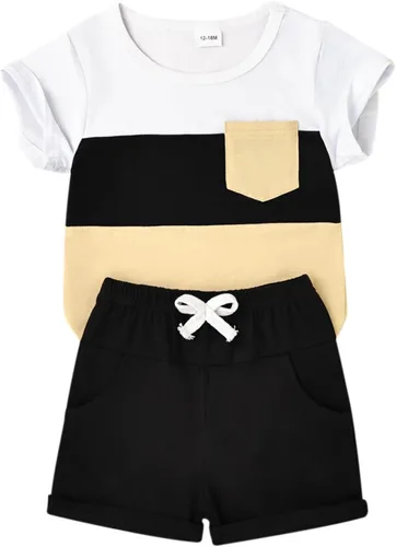 Miniatura 77 de Ropa para bebé niño pequeño, trajes de verano de manga corta, camiseta de retazos y pantalón con bolsillo, conjunto de 2 piezas, 12 meses a 4 años