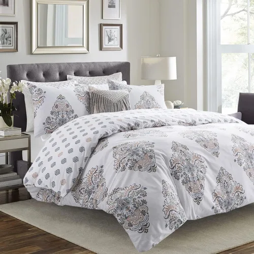 SLEEPBELLA Juego de edredón tamaño King, 600 hilos de algodón amarillo y azul damasco con patrón reversible marrón topo, juego de edredón blanco,