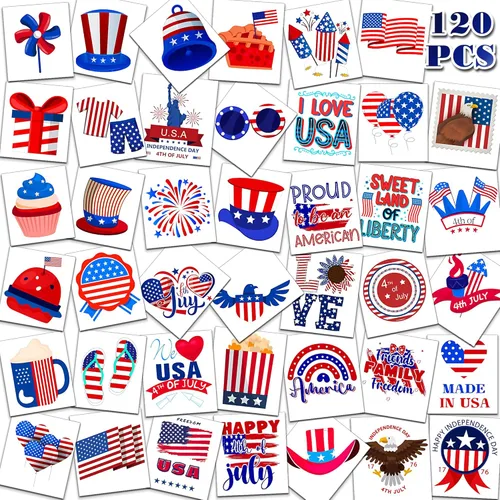 HSHFAMIIY Trajes para mujer del 4 de julio, tatuajes temporales del 4 de julio, 120 tatuajes patrióticos de bandera de Estados Unidos, bandera de