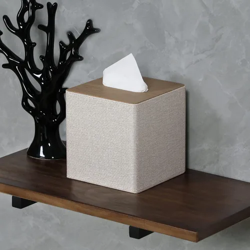 Miniatura 9 de Funda para caja de pañuelos cuadrada de piel sintética para caja de pañuelos facial para decoración de cómoda y baño (Beige)