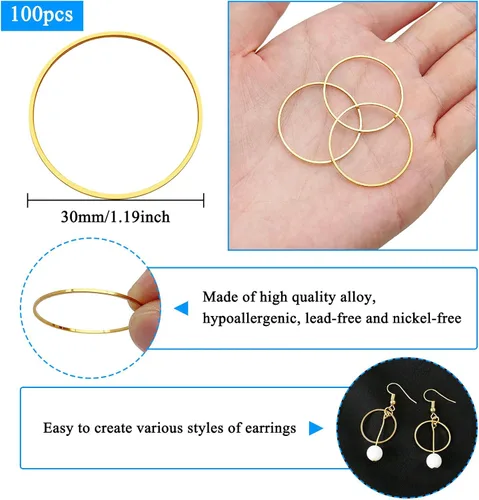 Miniatura 3 de Ximalun 100 aros de oro para aretes, 1.181 in, círculos redondos para hacer joyas