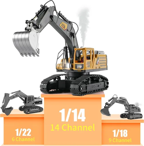 Miniatura 5 de Excavadora de control remoto 1:14, juguetes con control remoto para niños, excavadora RC de 14 canales, juguetes de construcción de tractor, humo