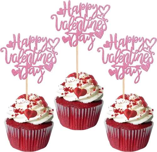 Miniatura 15 de Rsstarxi Paquete de 24 adornos para cupcakes para el día de San Valentín, con purpurina roja, dulce amor, para cupcakes, decoración de San Valentín