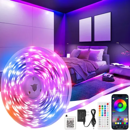 Tira de luces LED de 50 pies, 5050 RGB que cambian de color para dormitorio con adaptador de corriente de 24 V, tira de luces LED regulables con