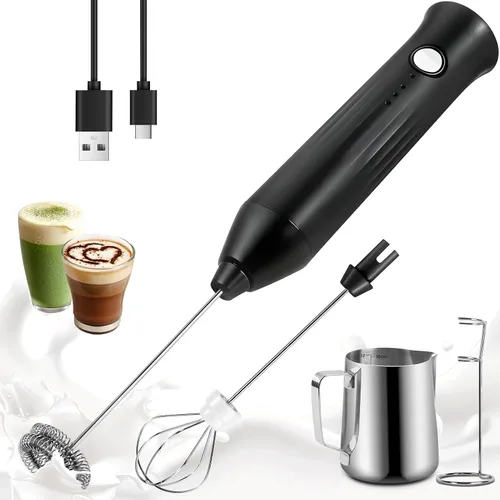 Miniatura 9 de Espumador de leche recargable de mano, batidor eléctrico para café, desmontable con 2 batidores de acero inoxidable, batidora de mano para lattes