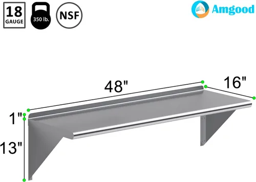 Miniatura 3 de AmGood Estante de pared de acero inoxidable de 48 pulgadas de largo x 16 pulgadas de profundidad Certificado NSF Estantería de metal