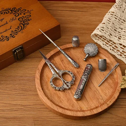 Miniatura 6 de Kit de tijeras de bordado vintage, regalo de Navidad para profesionales de costura, kit de costura antiguo europeo, herramientas de costura Plata