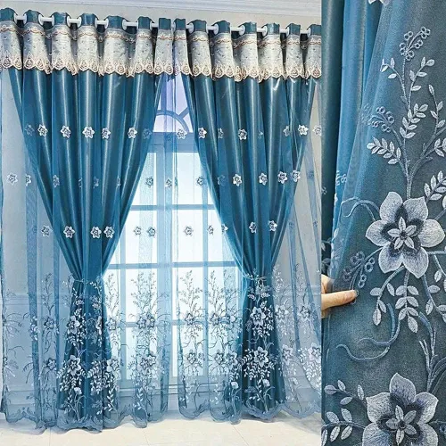 Miniatura 11 de Amidoudou 1 par de cortinas europeas de doble capa para sala de estar, dormitorio, cortinas bordadas de flores de lujo con cenefa