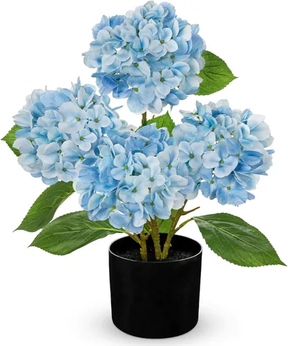 Miniatura 22 de Hollyone Flores artificiales de hortensias azules en maceta, flores grandes de seda de tres cabezas, arreglos florales falsos para interiores