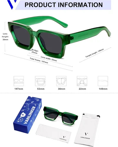 Miniatura 54 de VANLINKER Gafas de sol cuadradas gruesas para hombres y mujeres, retro, rectangulares, con protección UV400, VL9731