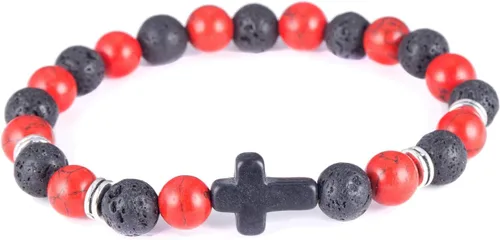 Softones Pulsera de cruz de cuentas de 0.315 in para mujeres y hombres, pulsera de oración de eslabones elásticos de piedra natural para niños y
