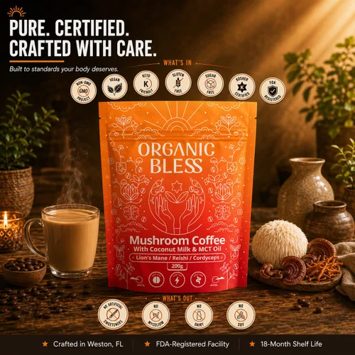 Miniatura 9 de Organic Bless Café instantáneo de hongos con melena de león, reishi y cordyceps – Leche de coco y aceite MCT para una energía suave y concentración