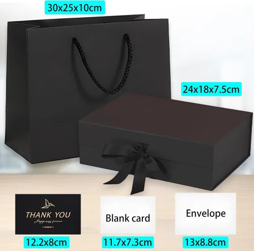 Miniatura 2 de Caja de regalo mediana negra con tapa, cinta, bolsa de regalo y tarjeta de felicitación, 9.4 x 7 x 3 pulgadas, cierre magnético, ideal