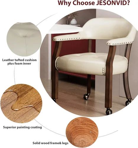 Miniatura 6 de Silla de comedor con ruedas, silla de cuero con ruedas y cabeza de clavo, sillas de comedor con rodillos curvos con respaldo curvado con ruedas