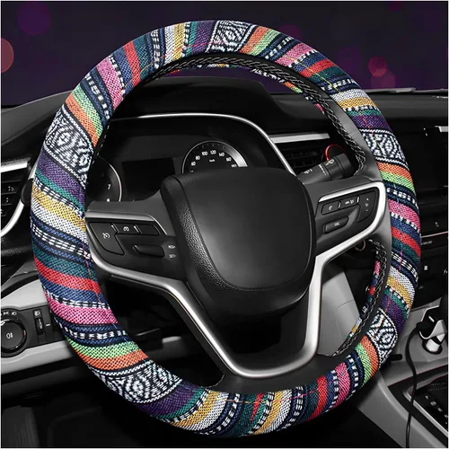 Miniatura 7 de Funda bohemia para volante, tela de lino grueso de 15 pulgadas, estilo étnico, antideslizante, protector universal transpirable para volante