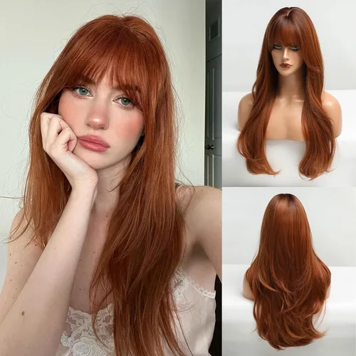 Miniatura 17 de HAIRCUBE Peluca larga rubia mezclada con marrón con flequillo, pelucas rizadas en capas para mujeres, pelucas sintéticas naturales para uso diario