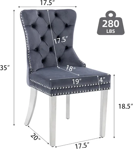 Miniatura 3 de Juego de 2 Sillas de Comedor, Sillas de Terciopelo Acolchado con Patas Modernas de Acero Inoxidable, Ribete de Remaches con Anilla Metálica