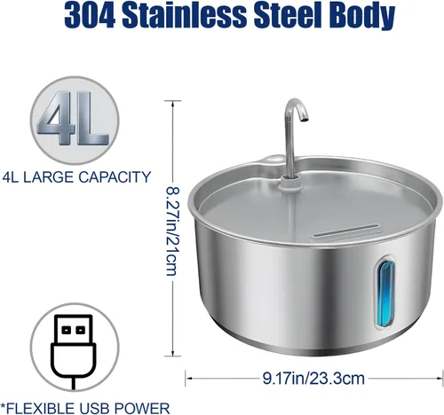 Miniatura 7 de Fuente de agua de metal para gatos y perros de 4 litros, fuente de acero inoxidable para beber, bomba silenciosa, 3 modos de flujo, circulación