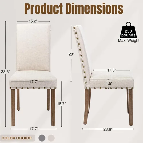Miniatura 2 de Juego de sillas de comedor Parsons para cocina, tapizadas, modernas, de tela con respaldo alto y ribete de cabeza de clavo en bronce, paquete de 2