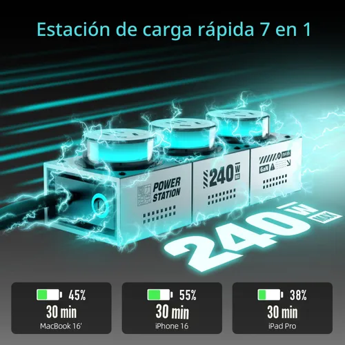 Miniatura 3 de MFish E-Tank - Regleta de alimentación de escritorio GaN de 240 W con luz RGB, estación de carga rápida 7 en 1 (140 W PD 3.1) y 3 salidas de CA