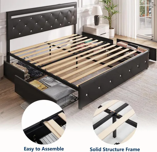 Miniatura 6 de Benevika Base de cama de tamaño completo con 4 cajones y estación de carga, cama tapizada de cuero PU con cabecera LED ajustable, soporte de Negro