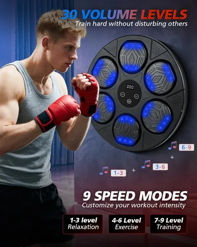 Miniatura 4 de Máquina de boxeo de música, punzonadora de sonido con guantes de boxeo, blanco de boxeo electrónico montado en la pared para adultos y niños, 9 modos