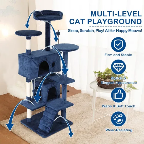 Miniatura 3 de Árbol para gatos, 54 pulgadas de alto con 3 postes rascadores, 3 plataformas, 2 condominios, para gatos de interior Azul marino
