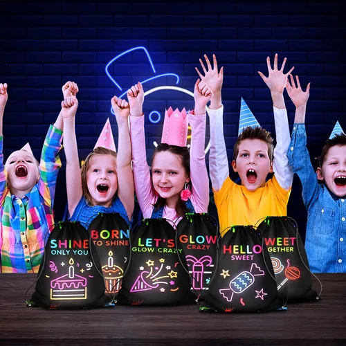 Miniatura 7 de Paquete de 12 bolsas con cordón para fiestas brillantes para cumpleaños de niños, niñas, mochila con cordón de neón brillante como bolsas de botín