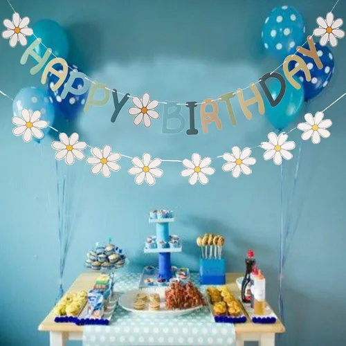 Miniatura 3 de Cartel de feliz cumpleaños con diseño de margarita para niños y adultos, decoración de fiesta de cumpleaños (azul + blanco)